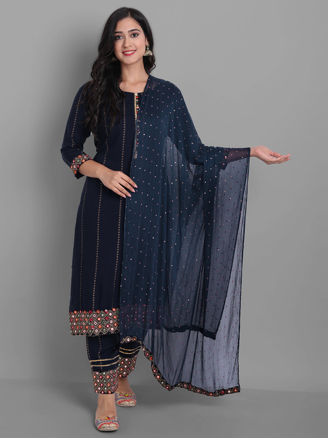 Indian Clothing Women's Navy Rayon Kurta Pant And Dupatta Set - NOZ2TOZ