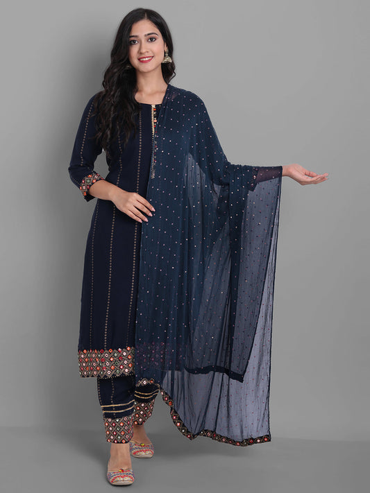 Indian Clothing Women's Navy Rayon Kurta Pant And Dupatta Set - NOZ2TOZ