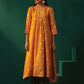trueBrowns Mustard Geometric Floral Viscose Silk Front Gathered Kurta Pant Set | Swadesiicart