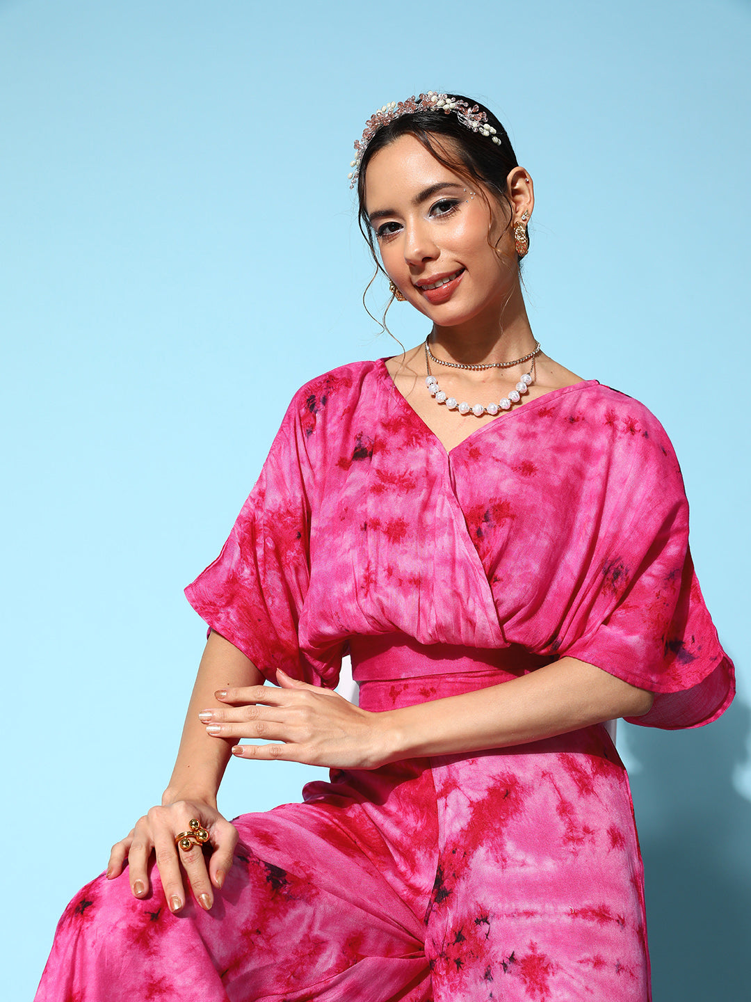 InWeave Women's Magenta Tie And Dye New Neckline Top Culottes Set - Swadesiicart