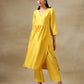 trueBrowns Yellow Textured Silk High Slit Gathered Kurta Set | Swadesiicart