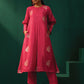 trueBrowns Pink Floral Viscose Silk Round Neck Puff Sleeve Kurta Pant Set | Swadesiicart