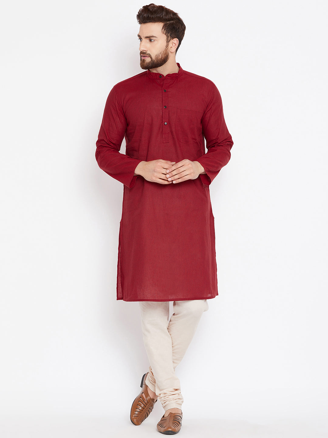 Even Apparels Maroon Pure Cotton Kurta With Band Collar | Swadesiicart