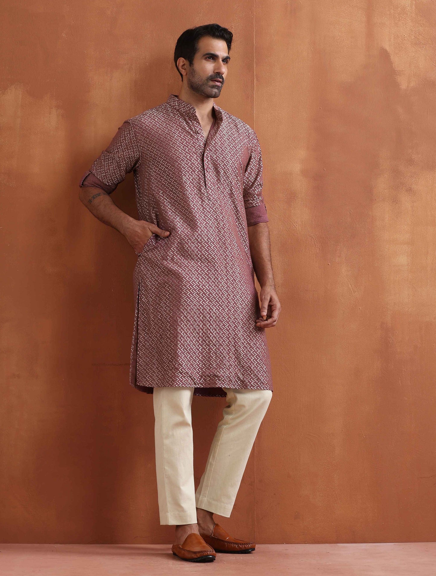 trueBrowns Men's Purple Cotton Dobby Kurta | Swadesiicart
