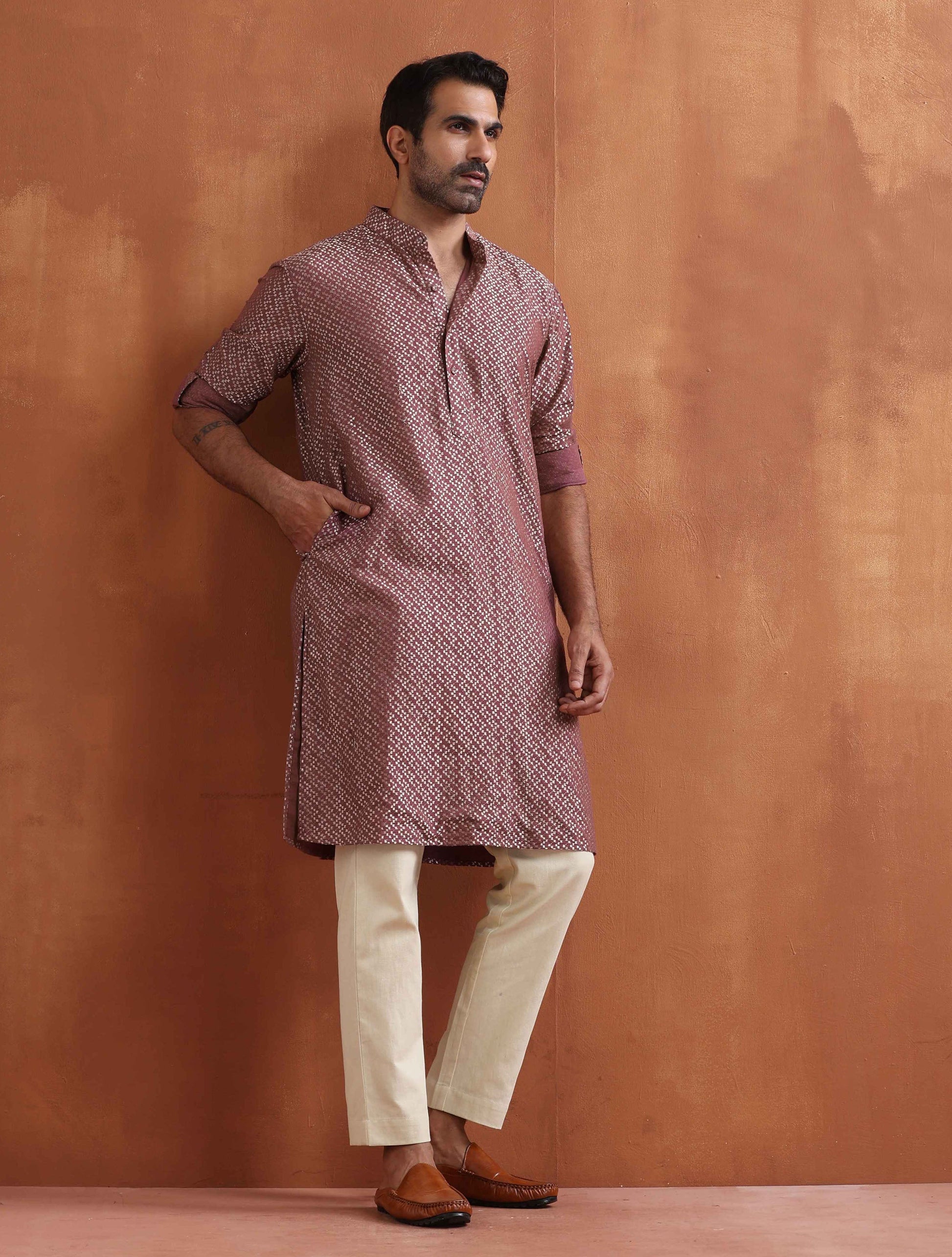 trueBrowns Men's Purple Cotton Dobby Kurta | Swadesiicart