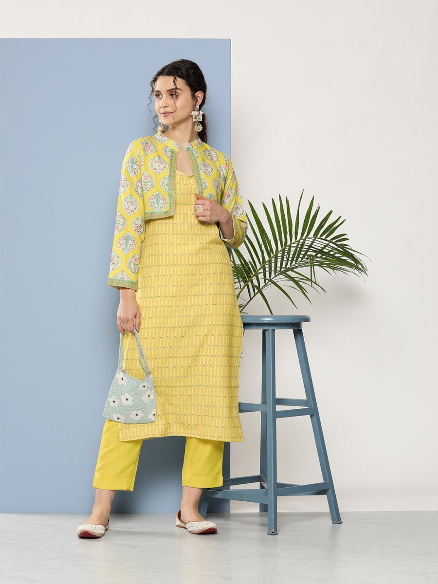 Ahalyaa Women Yellow Floral Printed Kurta with Trousers & Jacket | Swadesiicart