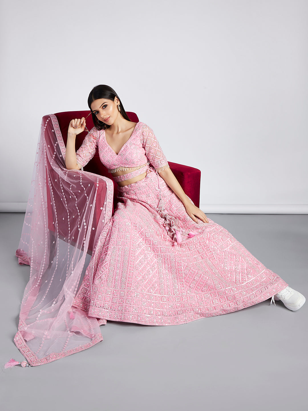 House of Panchhi Pink Net Sequins, Zarkan And Thread Embroidery Lehenga Choli & Dupatta | Swadesiicart