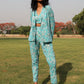 trueBrowns Turquoise Cotton Block Print Pant Suit Set | Swadesiicart