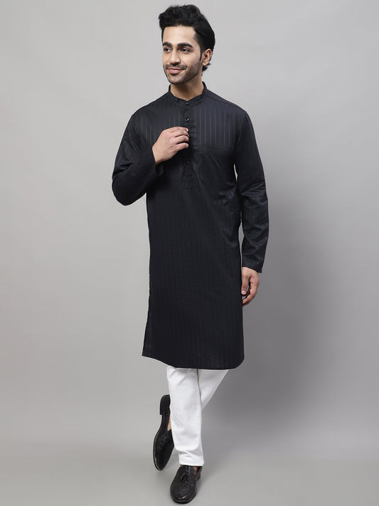 Even Apparels Black Pure Cotton Kurta With Band Collar | Swadesiicart