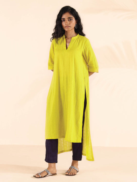trueBrowns Lime Cotton Dobby High-Low Kurta Pant Set | Swadesiicart
