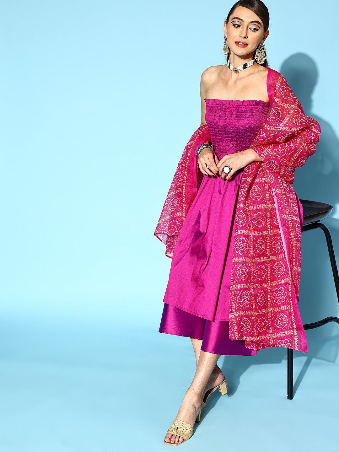 InWeave Purple Off Shoulder Silk Kurta Set -Pink Kota Bandhej Dupatta - Swadesiicart