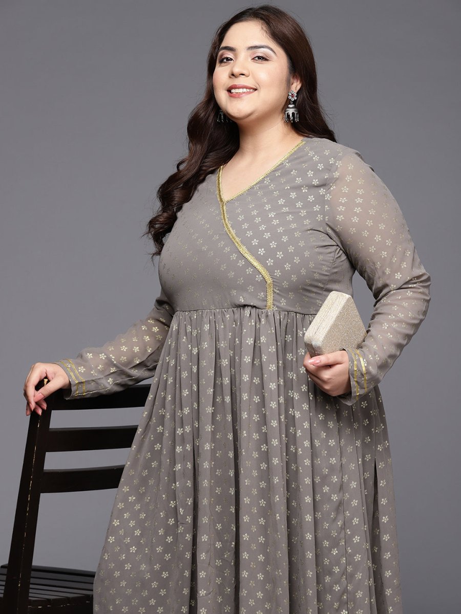 Ahalyaa Plus Size Floral Printed Zari Angrakha Kurta with Palazzos | Swadesiicart