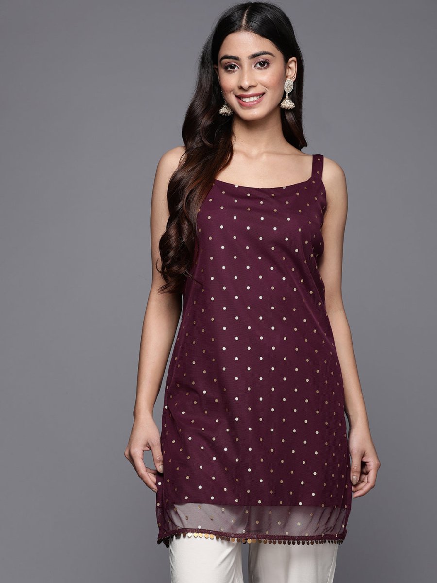 Ahalyaa Geometric Printed Net Tunic With Lace Inserts | Swadesiicart