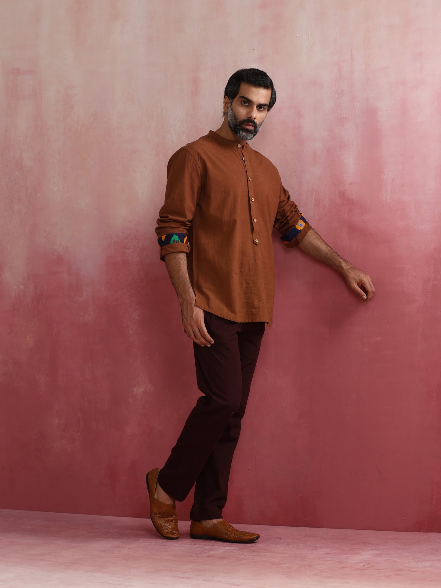 trueBrowns Men's Brown Cotton Mandarin Collar Stylized Kurta | Swadesiicart