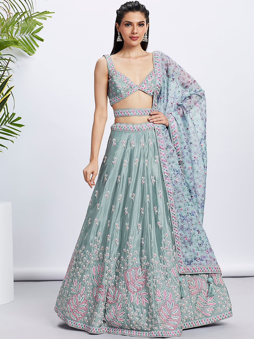 House of Panchhi Pink Georgette Sequins And Thread Embroidery Lehenga Choli & Dupatta | Swadesiicart