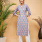 InWeave Women's Blue Pink Print Angrakha Style Straight Kurta Pant Set - Swadesiicart