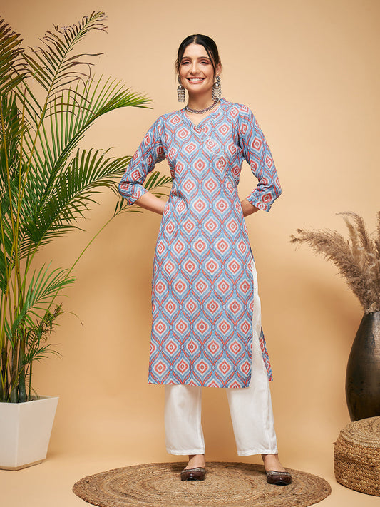 InWeave Women's Blue Pink Print Angrakha Style Straight Kurta Pant Set - Swadesiicart