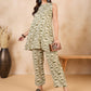 InWeave Mehandi Green White Moroccan Print Round Neck Kurta Set - Swadesiicart
