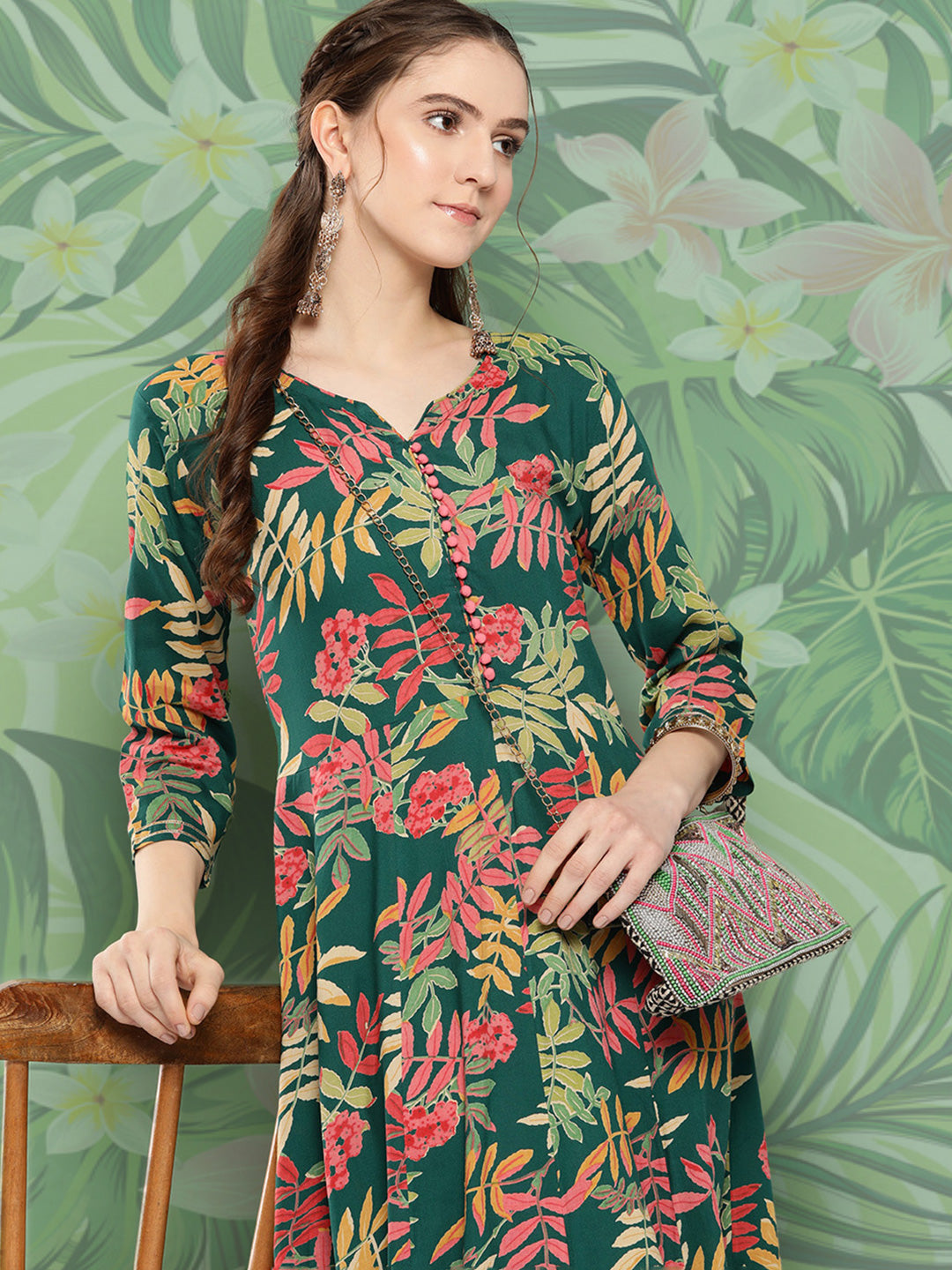 InWeave Women's Green Tropical Print Gota Long Dress - Swadesiicart