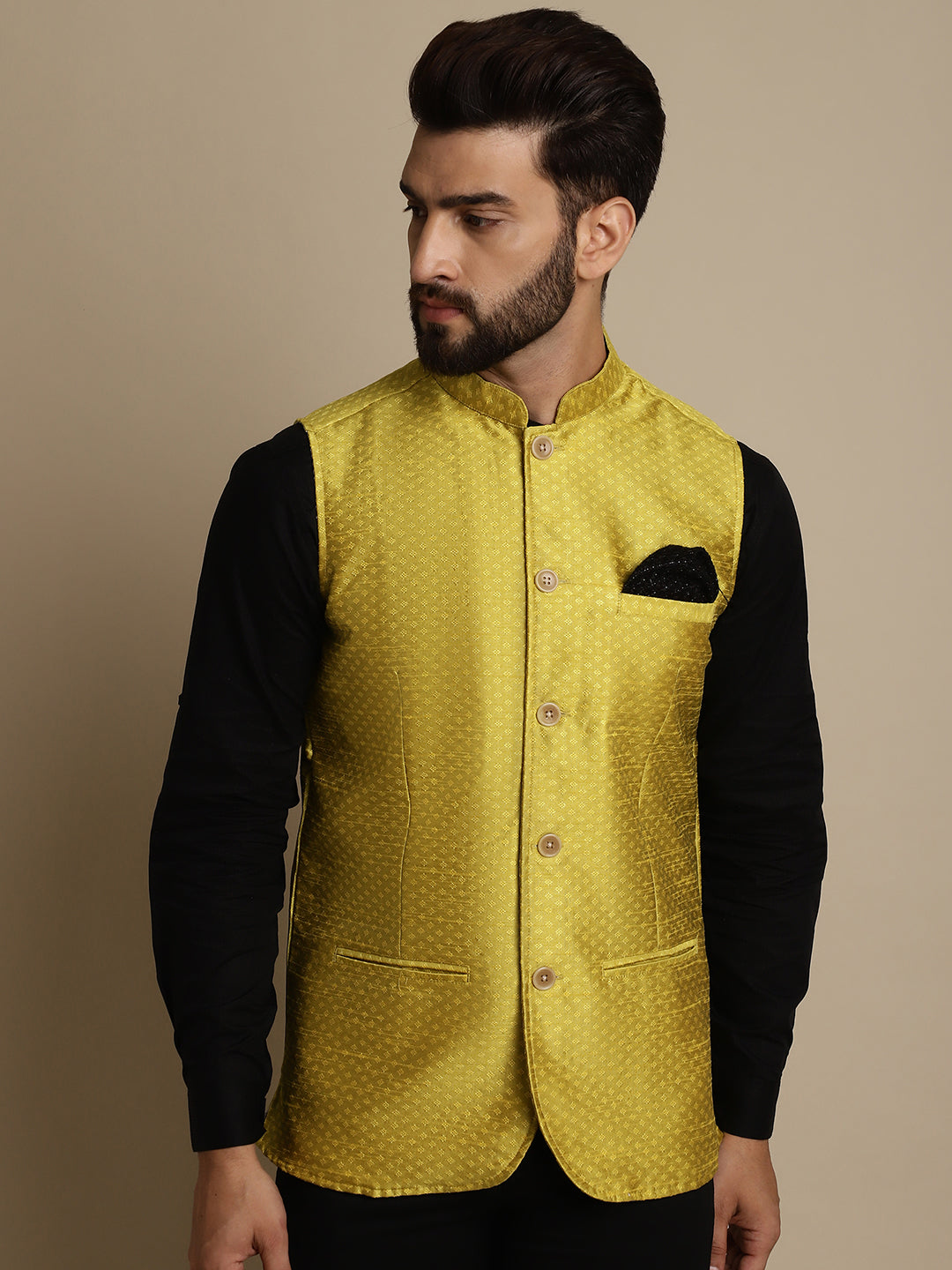 Even Apparels Men's Yellow Mandarin Collar Waistcoat | Swadesiicart