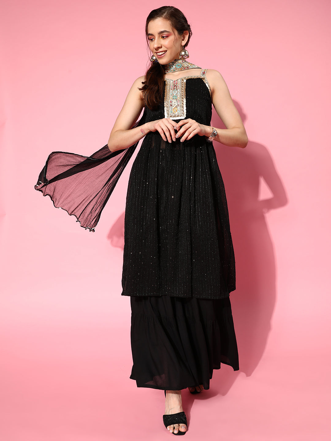 InWeave Women's Black Gota Insert Neckline Sharara Set - Swadesiicart