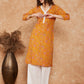 InWeave Women's Fire Yellow Print V Neck Lace Work Straight Kurta - Swadesiicart