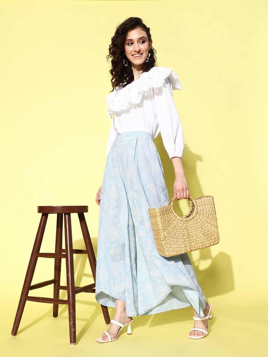 Ahalyaa Women Off White & Blue Floral Printed Flared Ethnic Palazzos | Swadesiicart