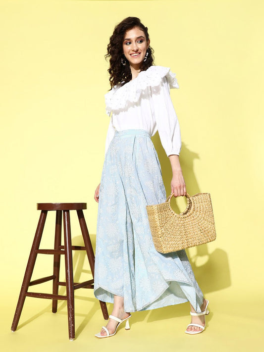 Ahalyaa Women Off White & Blue Floral Printed Flared Ethnic Palazzos | Swadesiicart