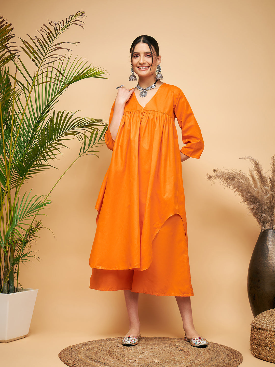 InWeave Women's Orange Flared Kurta Palazzo Set - Swadesiicart