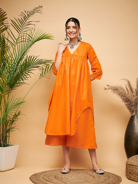 InWeave Women's Orange Flared Kurta Palazzo Set - Swadesiicart
