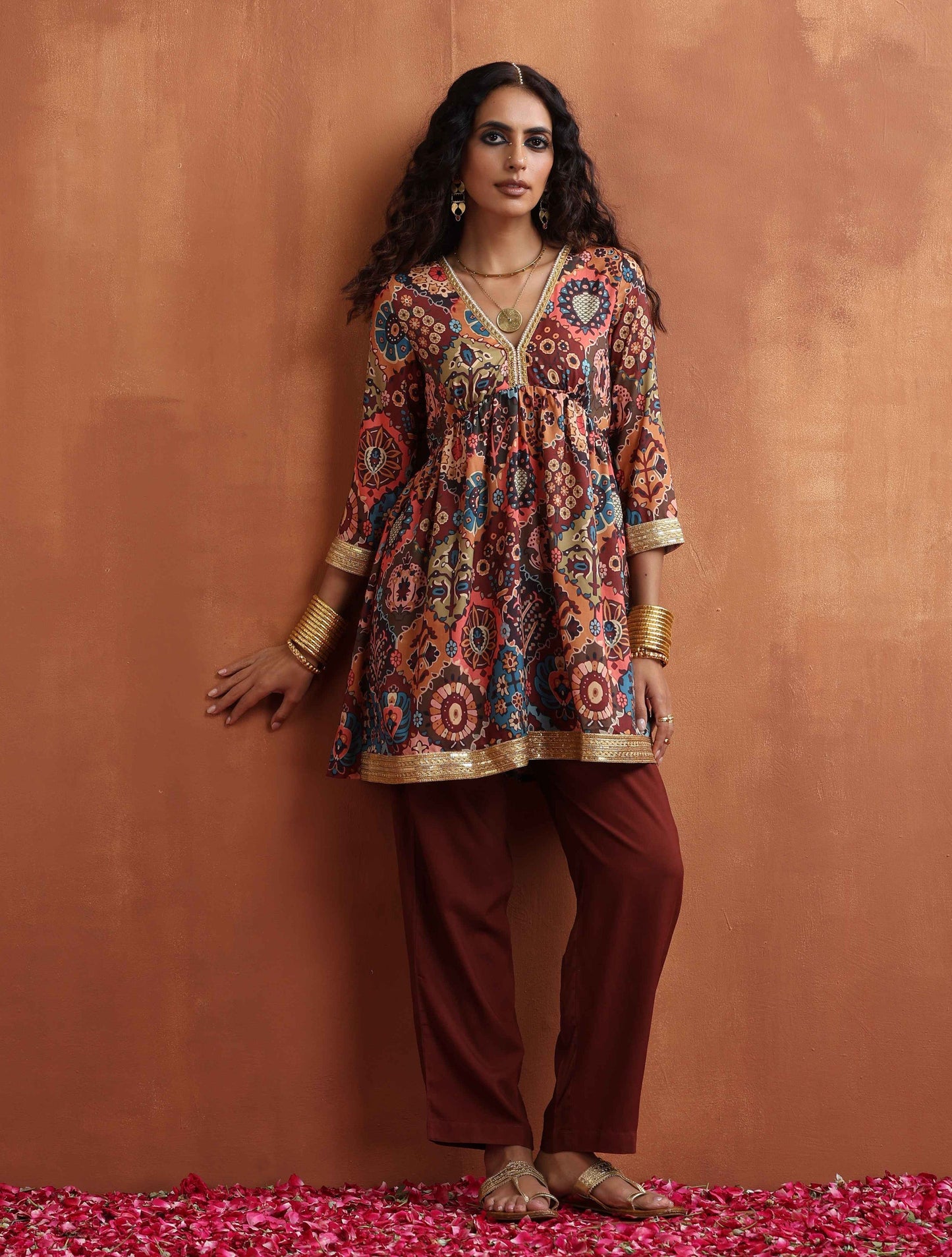 trueBrowns Brown Print Flared Co-ord Set - Swadesiicart