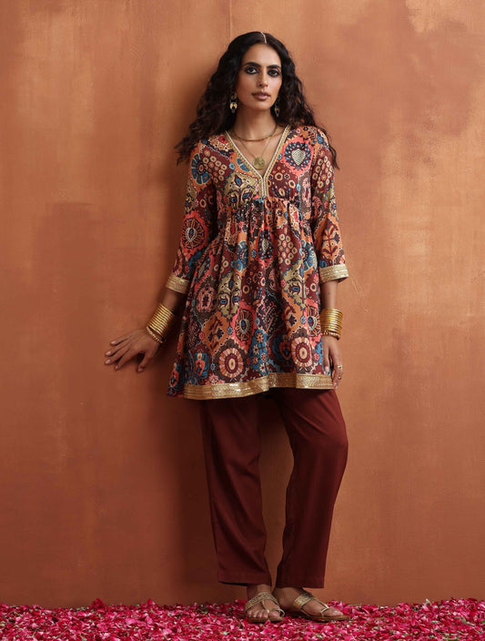 trueBrowns Brown Print Flared Co-ord Set - Swadesiicart