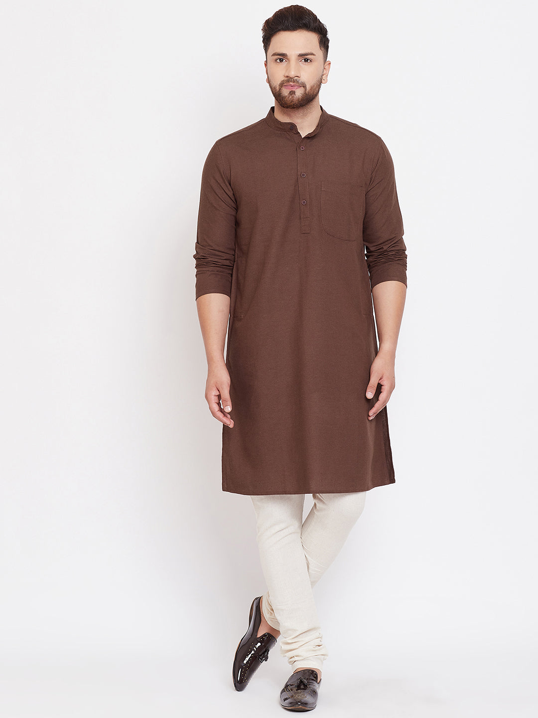 Even Apparels Brown Solid Kurta With Band Collar | Swadesiicart