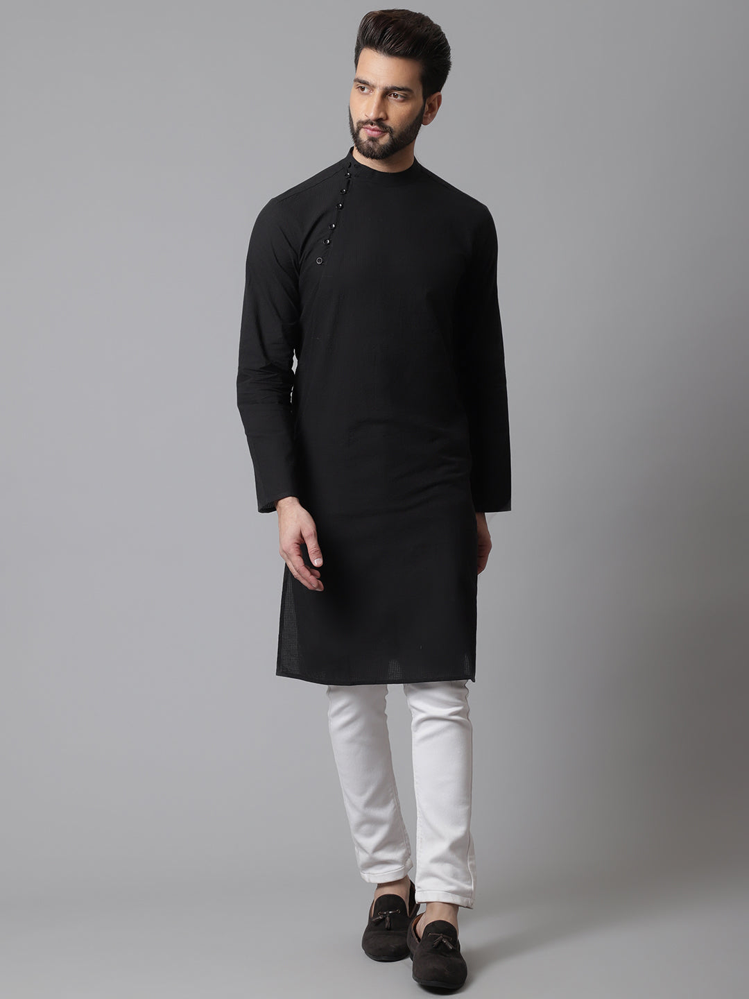 Even Apparels Black Solid Kurta With Band Collar | Swadesiicart