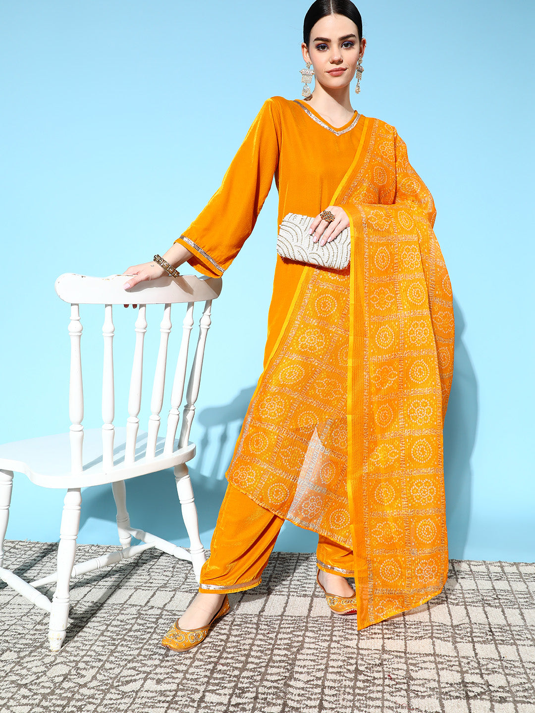 InWeave Women's Mustard Velvet Kurta Set With Mustard Kota Bandhani Dupatta - Swadesiicart
