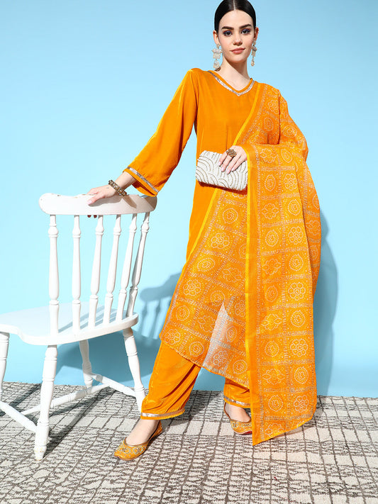 InWeave Women's Mustard Velvet Kurta Set With Mustard Kota Bandhani Dupatta - Swadesiicart