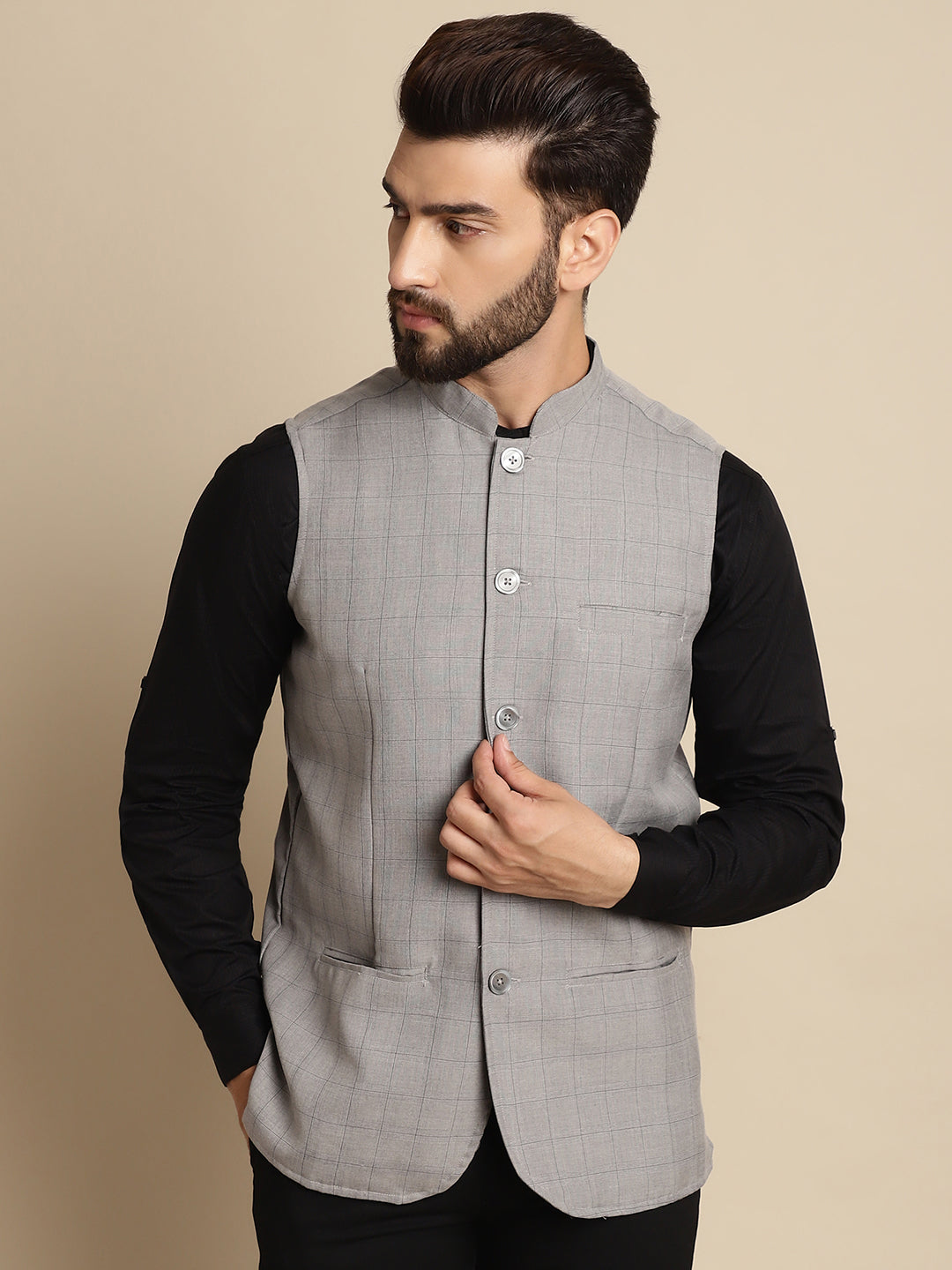 Even Apparels Men's Grey Mandarin Collar Waistcoat | Swadesiicart
