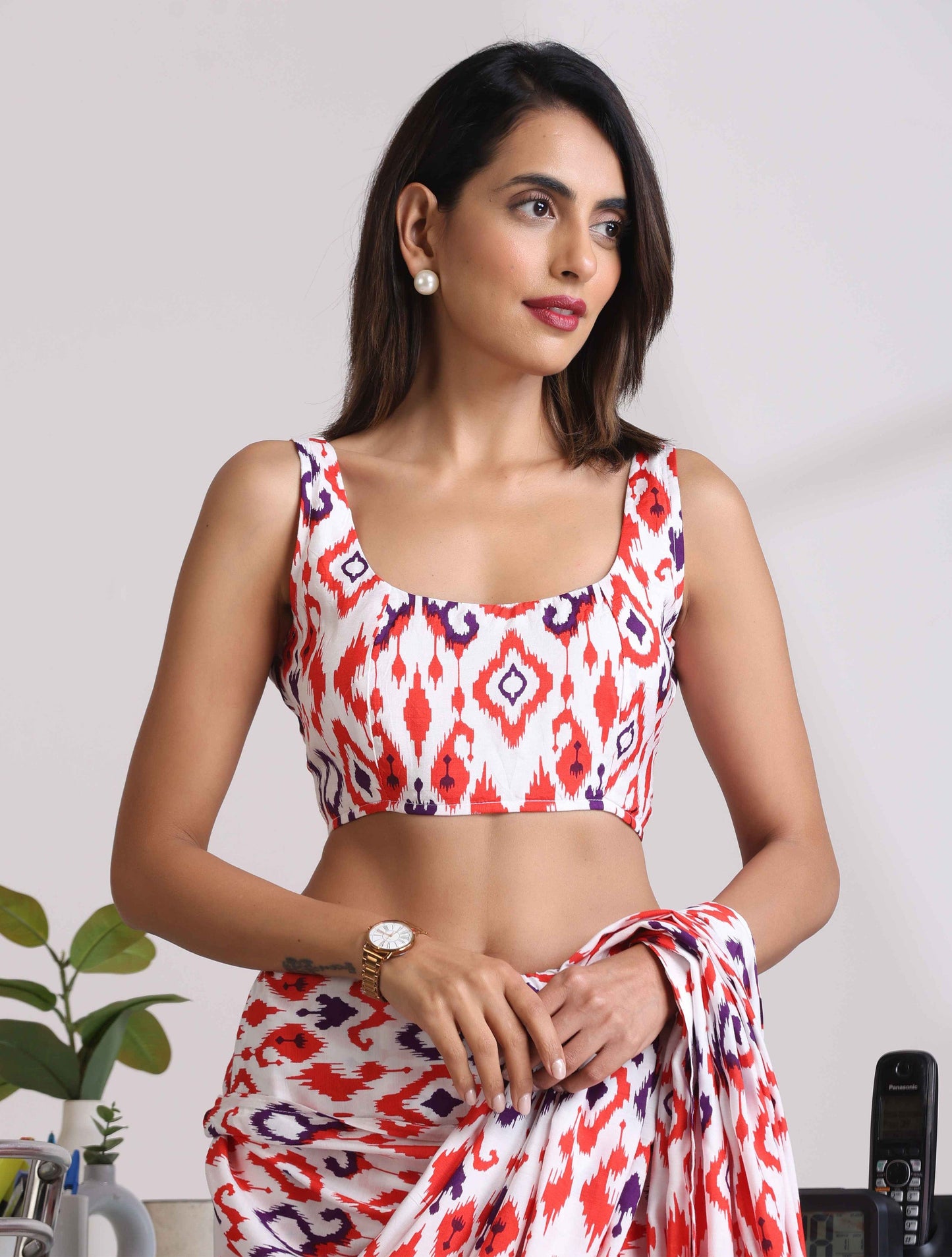 trueBrowns Carrot Muslin Ikat Sleeveless Blouse | Swadesiicart