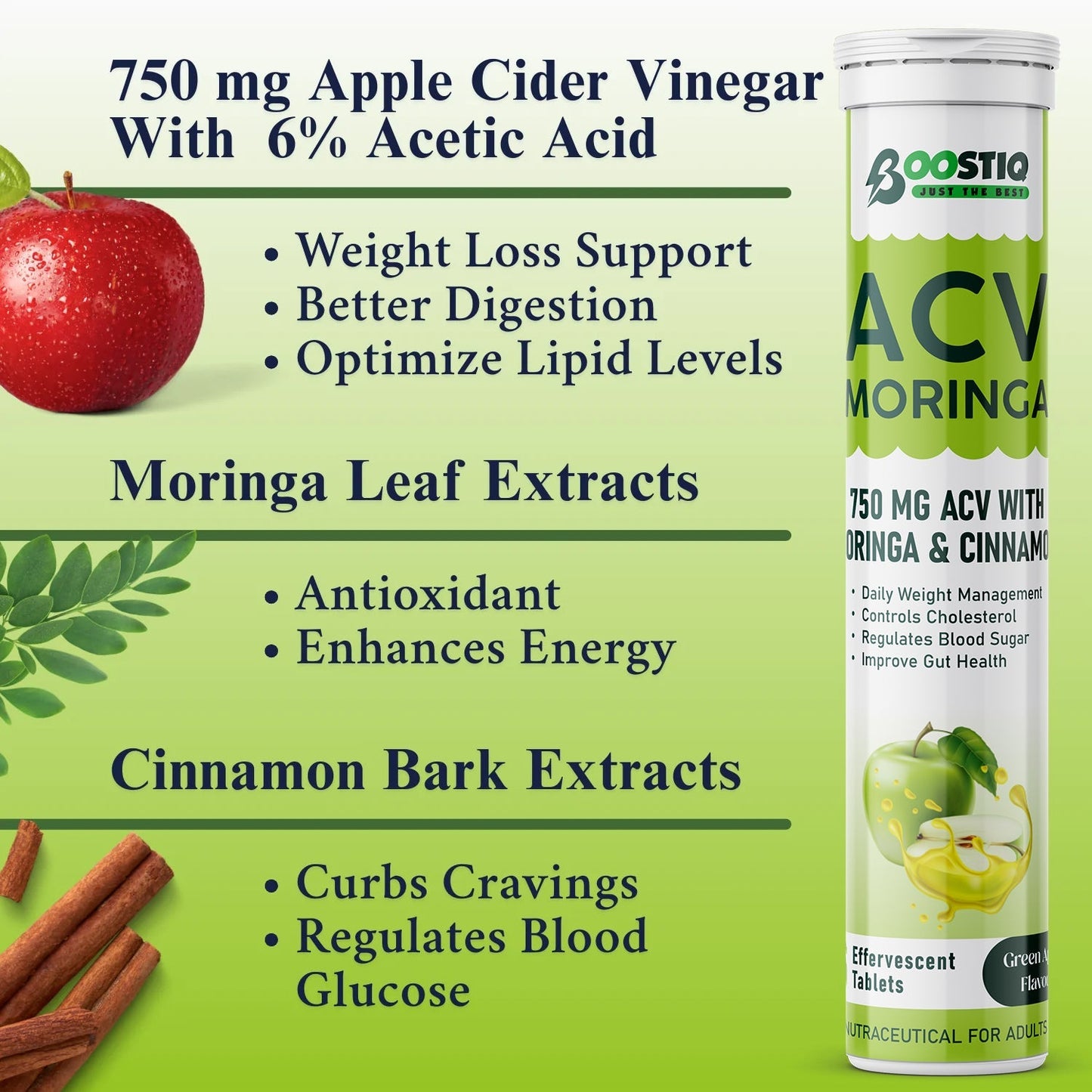 BOOSTIQ Apple Cider Vinegar With Moringa Effervescent Tablets - Green Apple Flavour