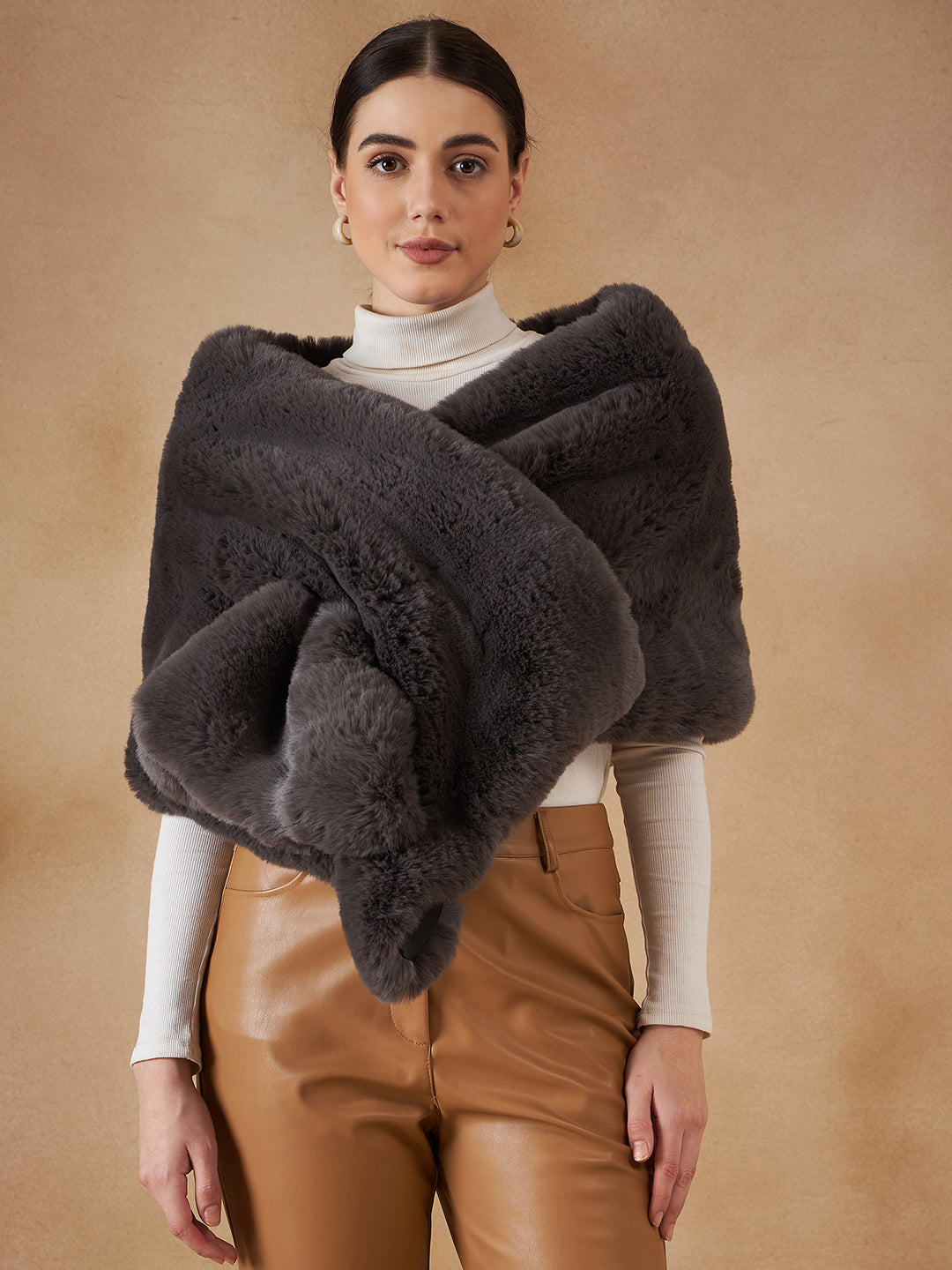InWeave Slaty Grey Long Faux Fur Cape - Swadesiicart