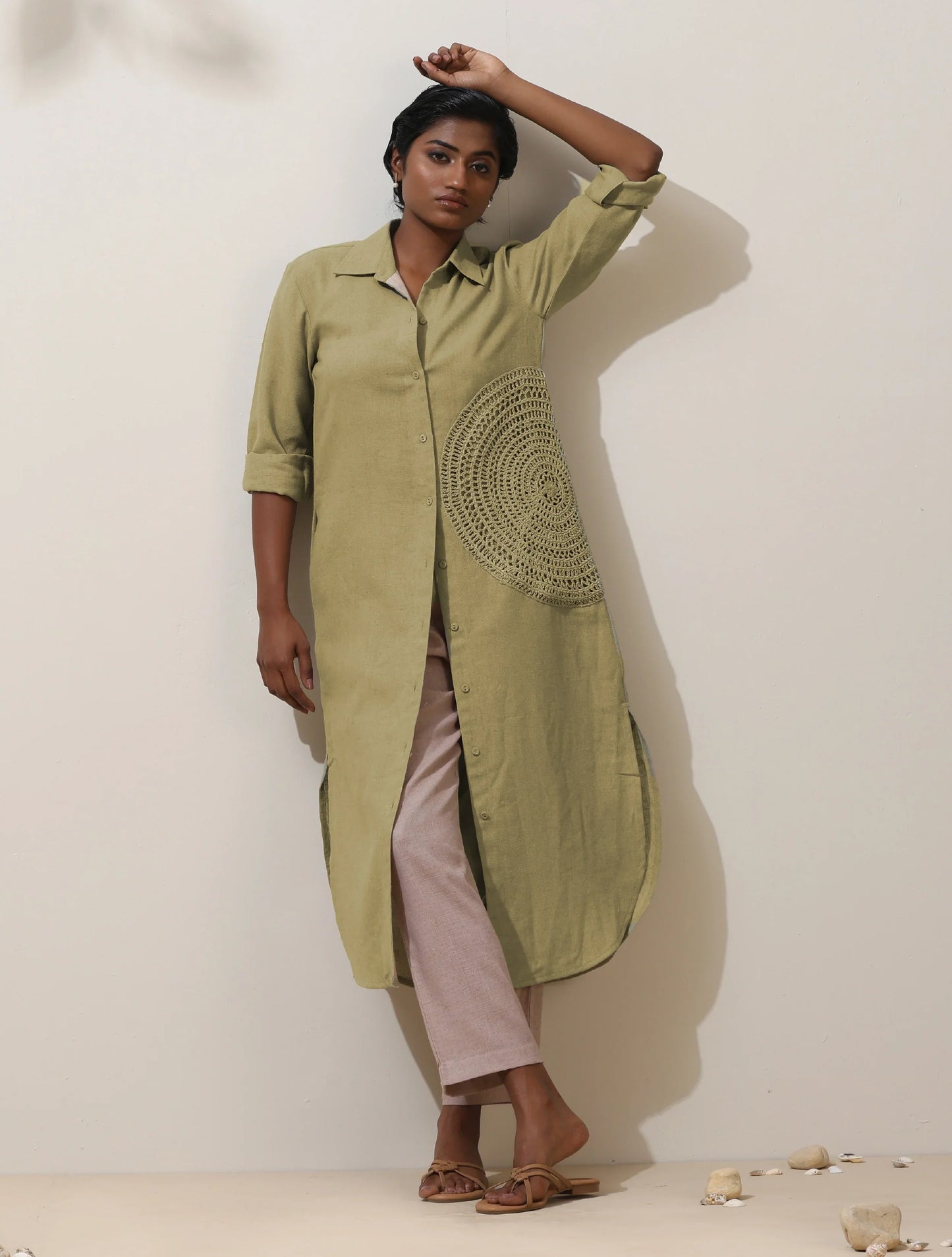 trueBrowns Fern Green Crochet Natural Cotton Kurta Pant Set | Swadesiicart