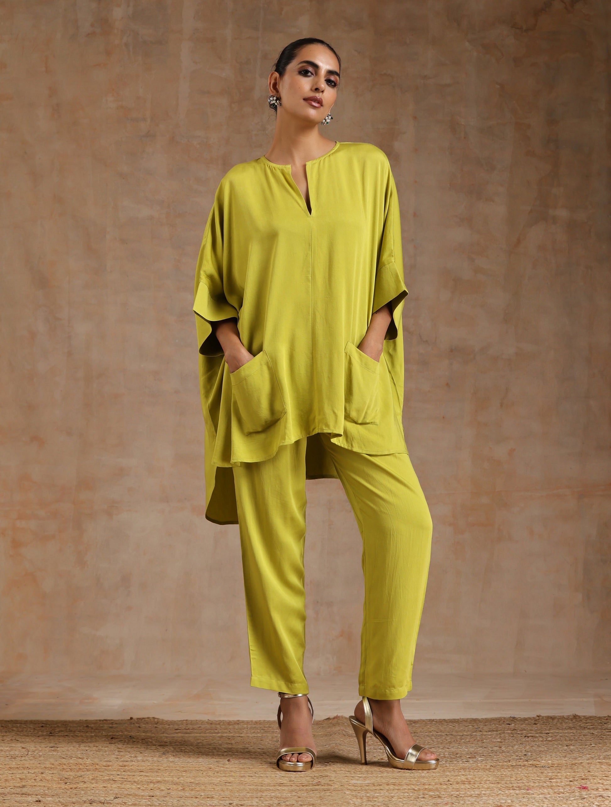 trueBrowns Lime Modal Satin Boxy Fit High-Low Co-Ord Set - Swadesiicart