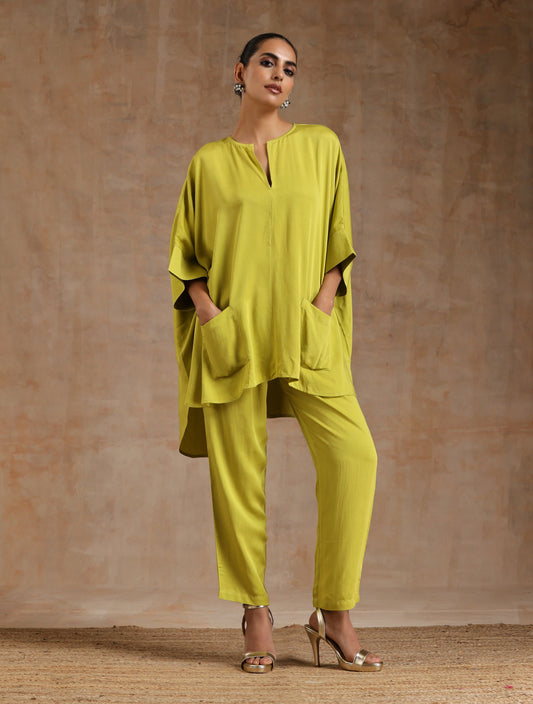 trueBrowns Lime Modal Satin Boxy Fit High-Low Co-Ord Set - Swadesiicart