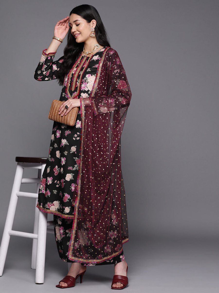 Ahalyaa Women Black Floral Printed Gotta Patti Kurta with Palazzos & With Dupatta | Swadesiicart