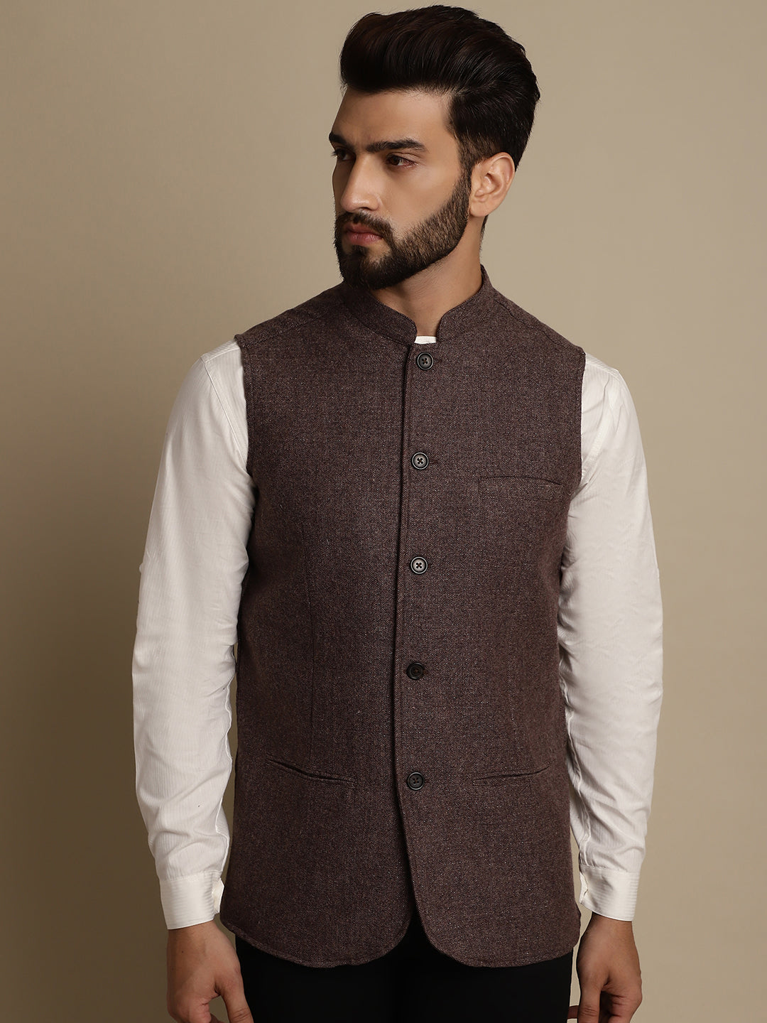 Even Apparels Men's Brown Mandarin Collar Waistcoat | Swadesiicart
