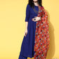 InWeave Women's Ink Blue Long Anarkali Kurta Set With Red Rose Organza Dupatta - Swadesiicart