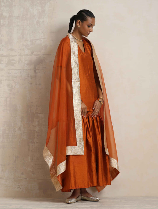 trueBrowns Orange Silk Sharara Dupatta Set | Swadesiicart