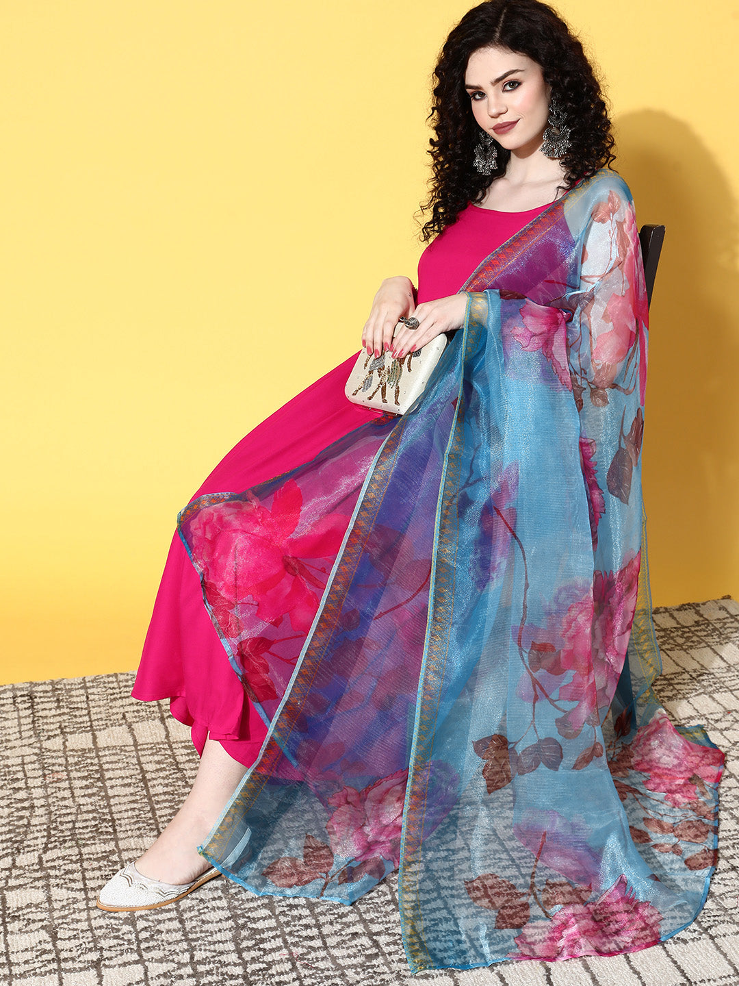 InWeave Strappy Set In Fuchsia With Blue Fuchsia Organza Dupatta - Swadesiicart