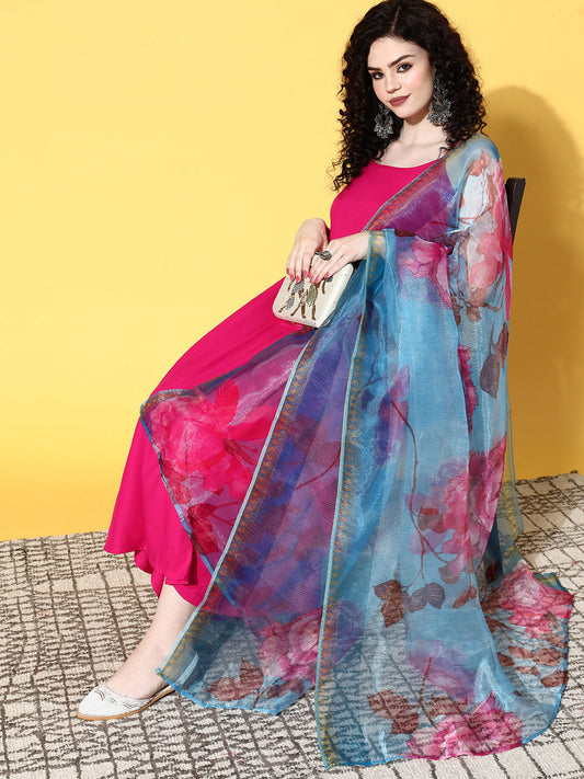 InWeave Strappy Set In Fuchsia With Blue Fuchsia Organza Dupatta - Swadesiicart