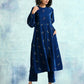 trueBrowns Blue Embroidered Velvet Puff Sleeve Kurta | Swadesiicart
